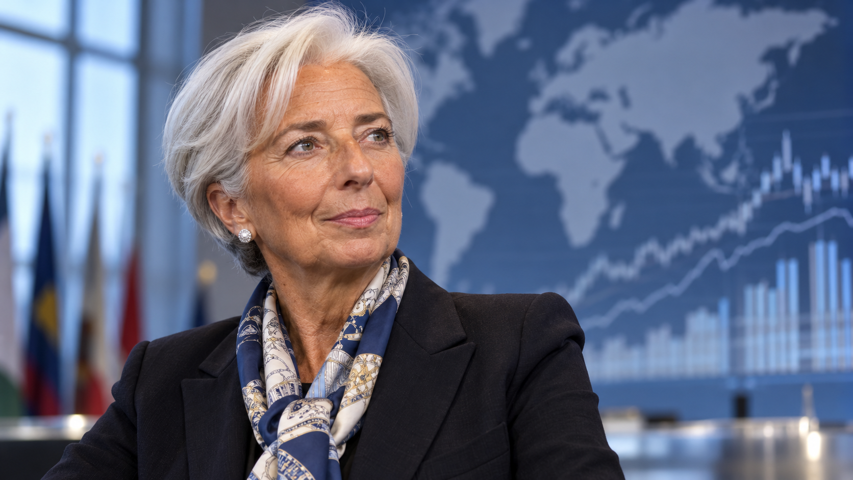 AI-generated editorial portrait of Christine Lagarde at an international finance forum