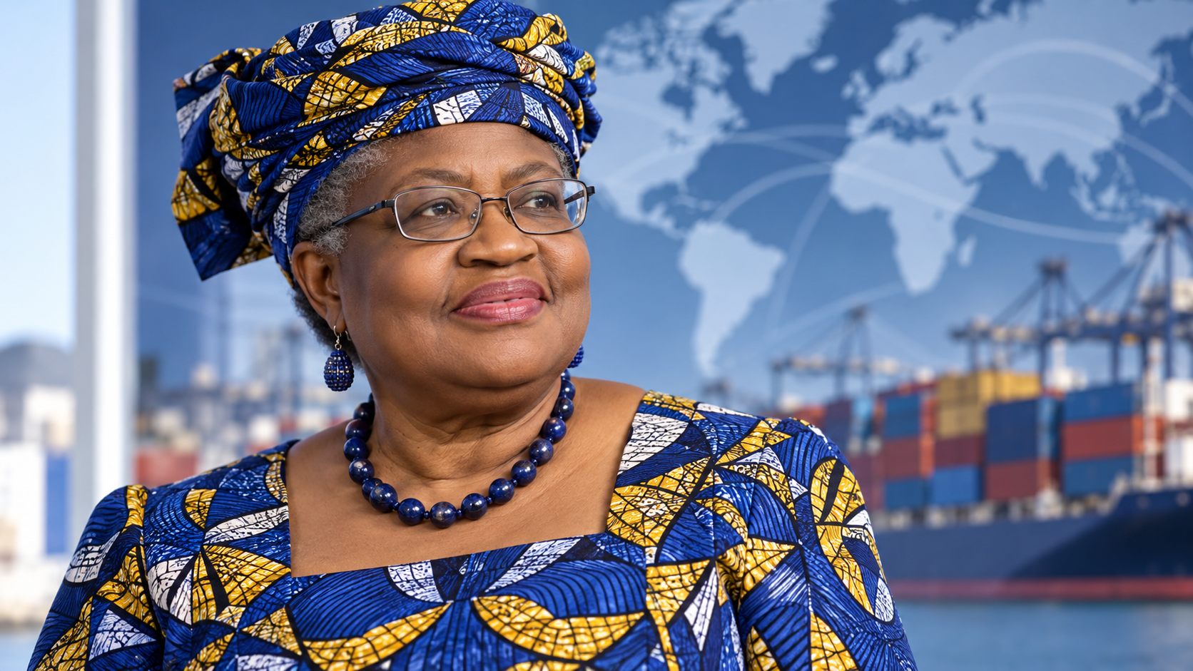AI-generated editorial portrait of Ngozi Okonjo-Iweala at a global trade forum