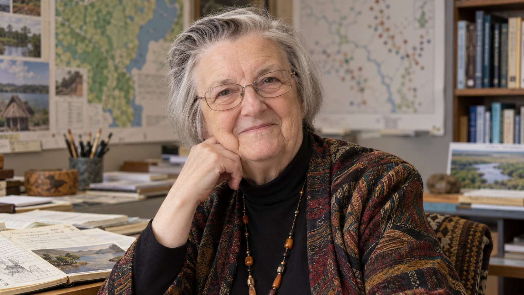 AI-generated editorial portrait of Elinor Ostrom in an institutional research library