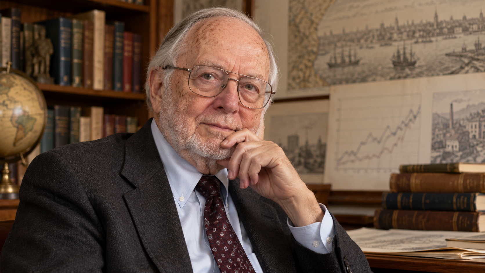 AI-generated editorial portrait of Douglass North in an economics study