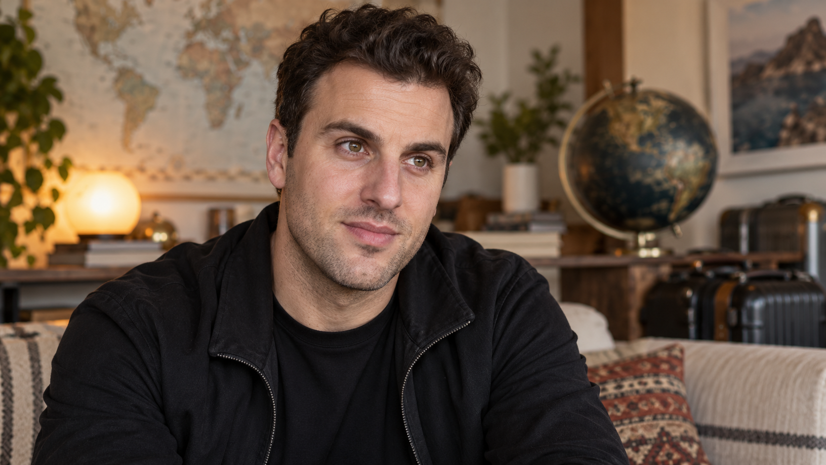 AI-generated editorial portrait of Brian Chesky in a focused design workspace