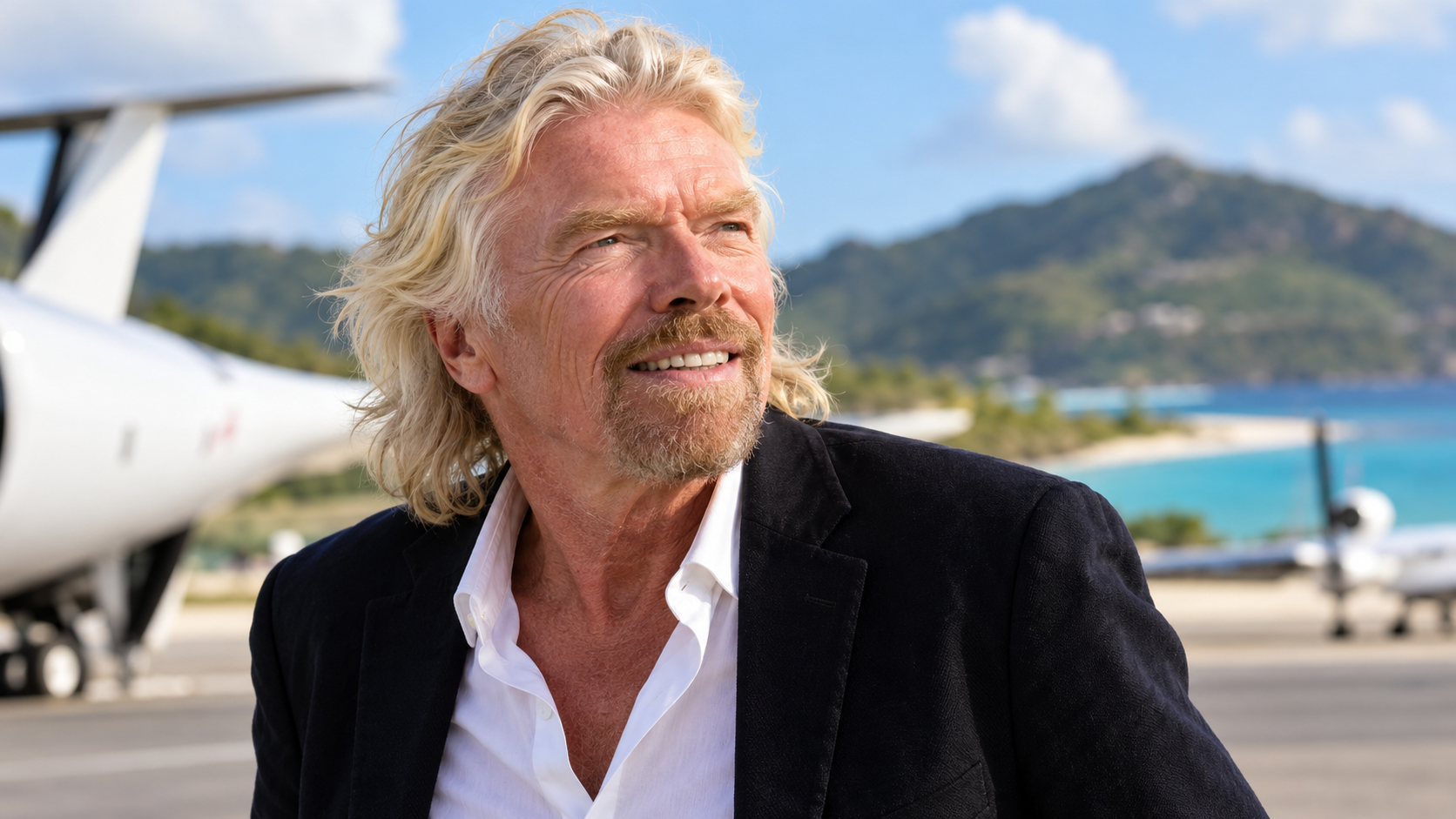 AI-generated editorial portrait of Richard Branson in an entrepreneurial studio