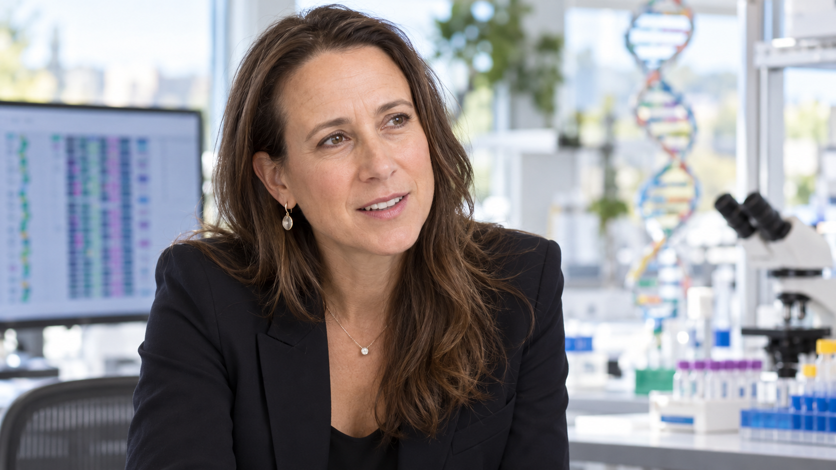AI-generated editorial portrait of Anne Wojcicki in a genetics research workplace