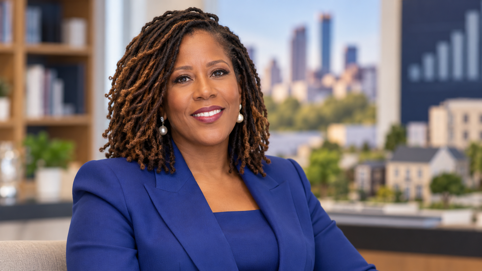 AI-generated editorial portrait of Thasunda Brown Duckett engaging a broad workplace team