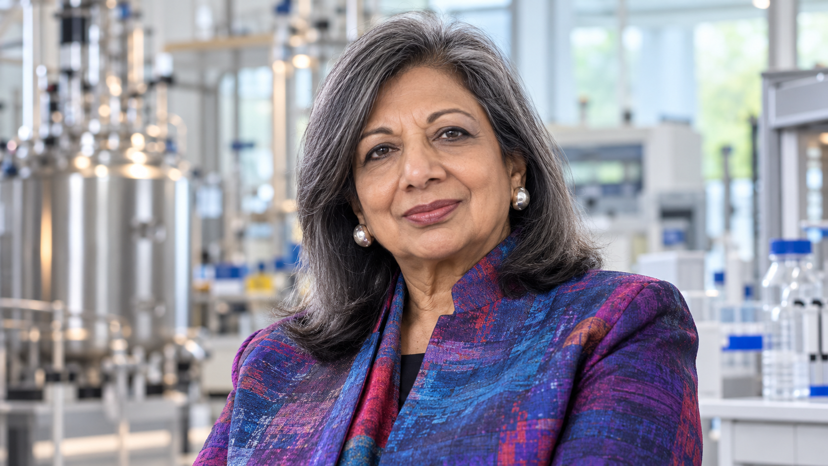 AI-generated editorial portrait of Kiran Mazumdar-Shaw in a biotechnology research setting