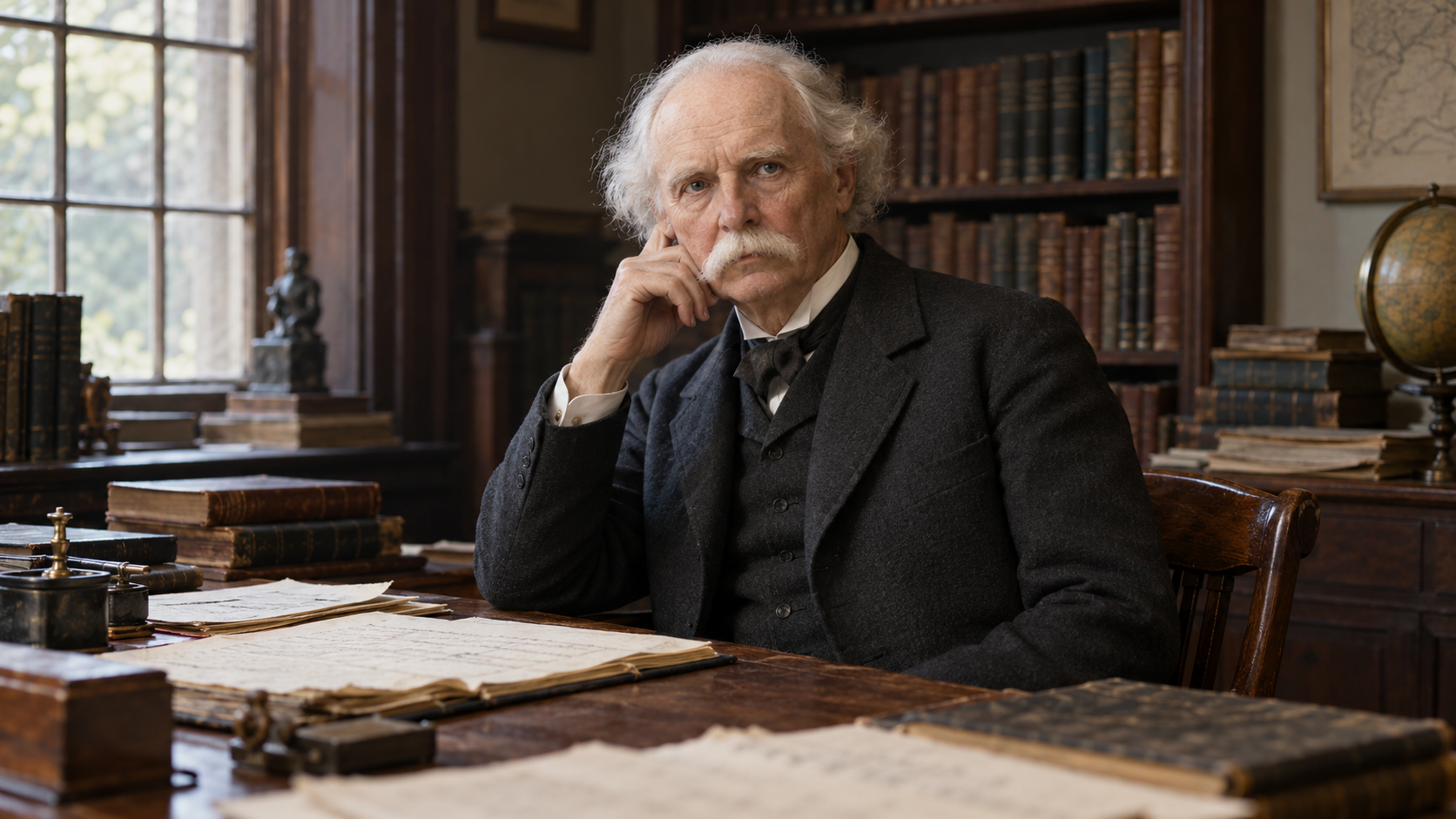 AI-generated editorial portrait of Alfred Marshall in a Victorian economics study