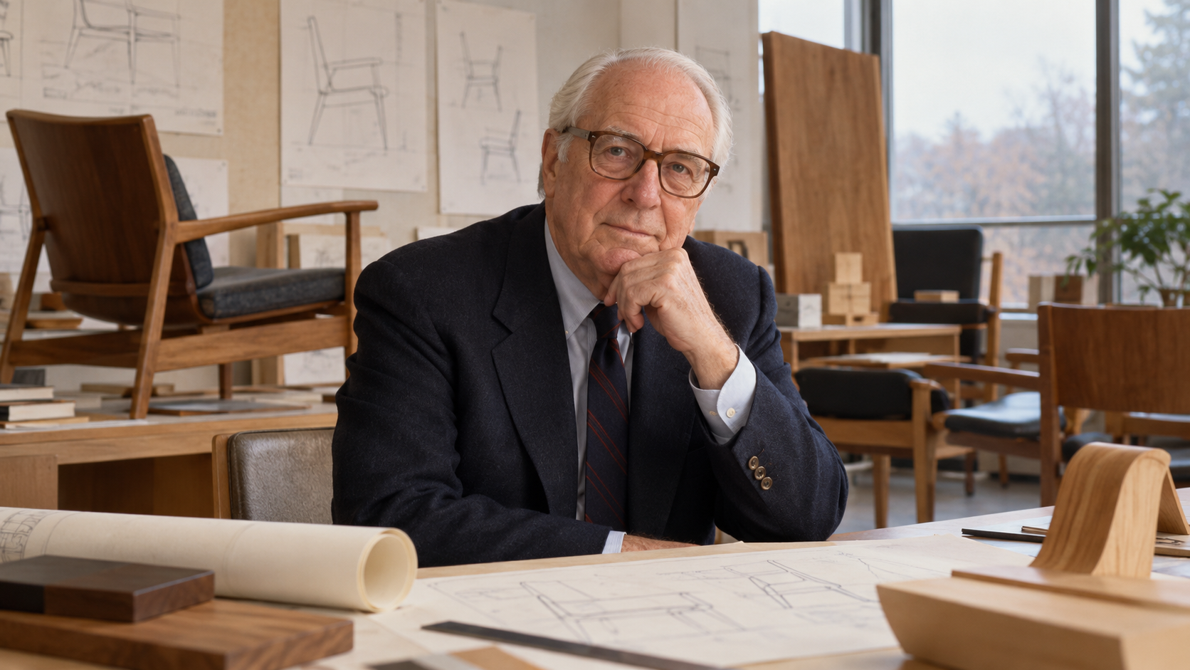AI-generated editorial portrait of Max De Pree in a modernist furniture studio
