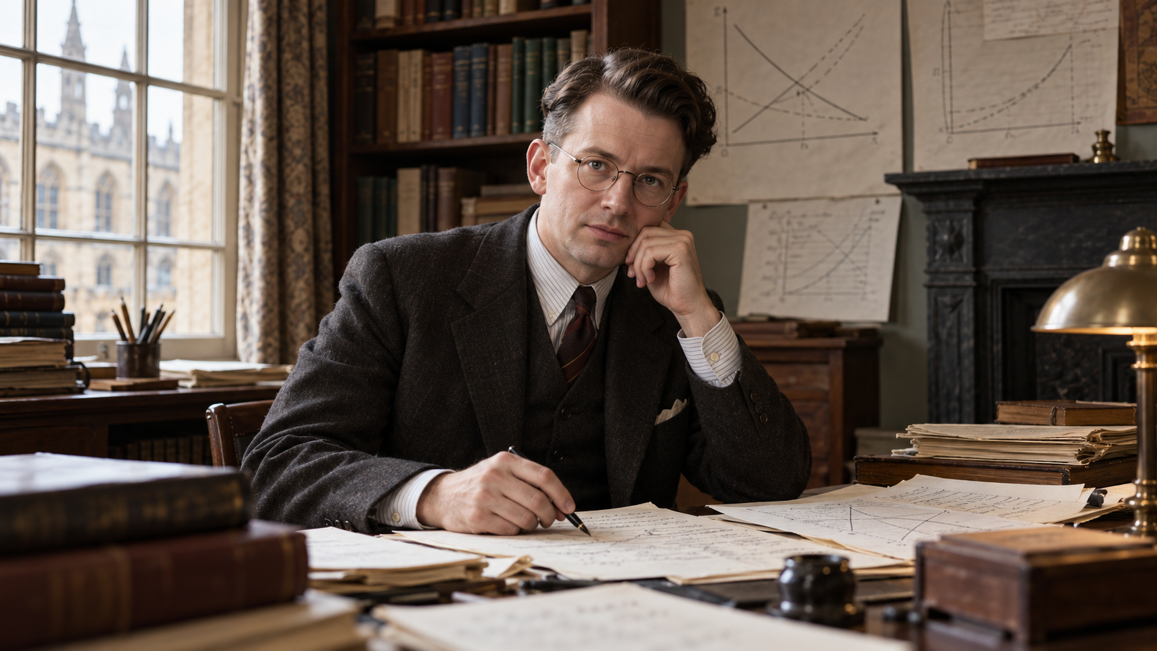 AI-generated editorial portrait of Ronald Coase at a desk with contracts and market notes