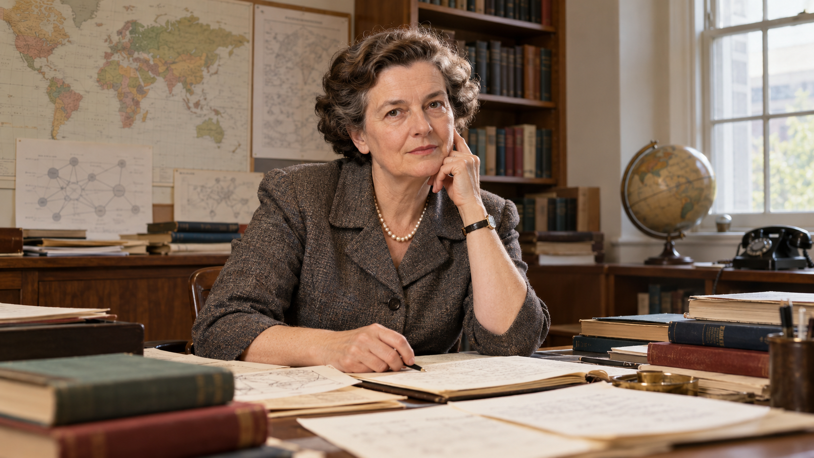 AI-generated editorial portrait of Edith Penrose in a mid-century university office