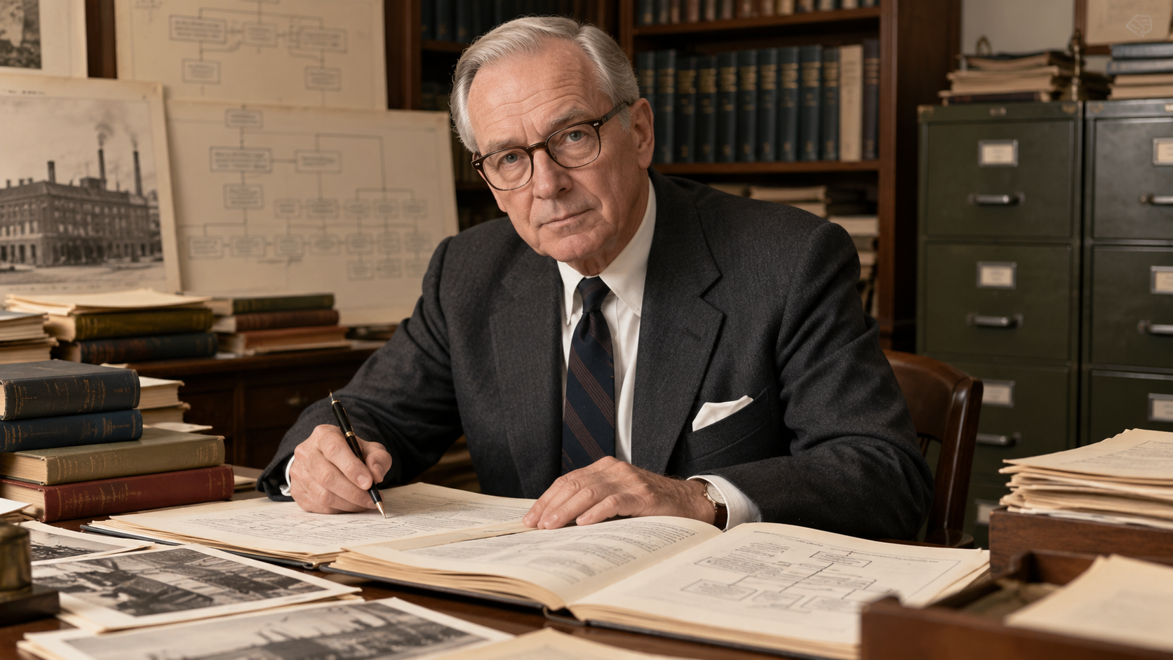 AI-generated editorial portrait of Alfred Chandler with corporate organization charts