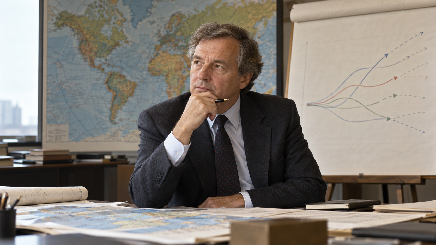 AI-generated editorial portrait of Arie de Geus in a scenario-planning workshop
