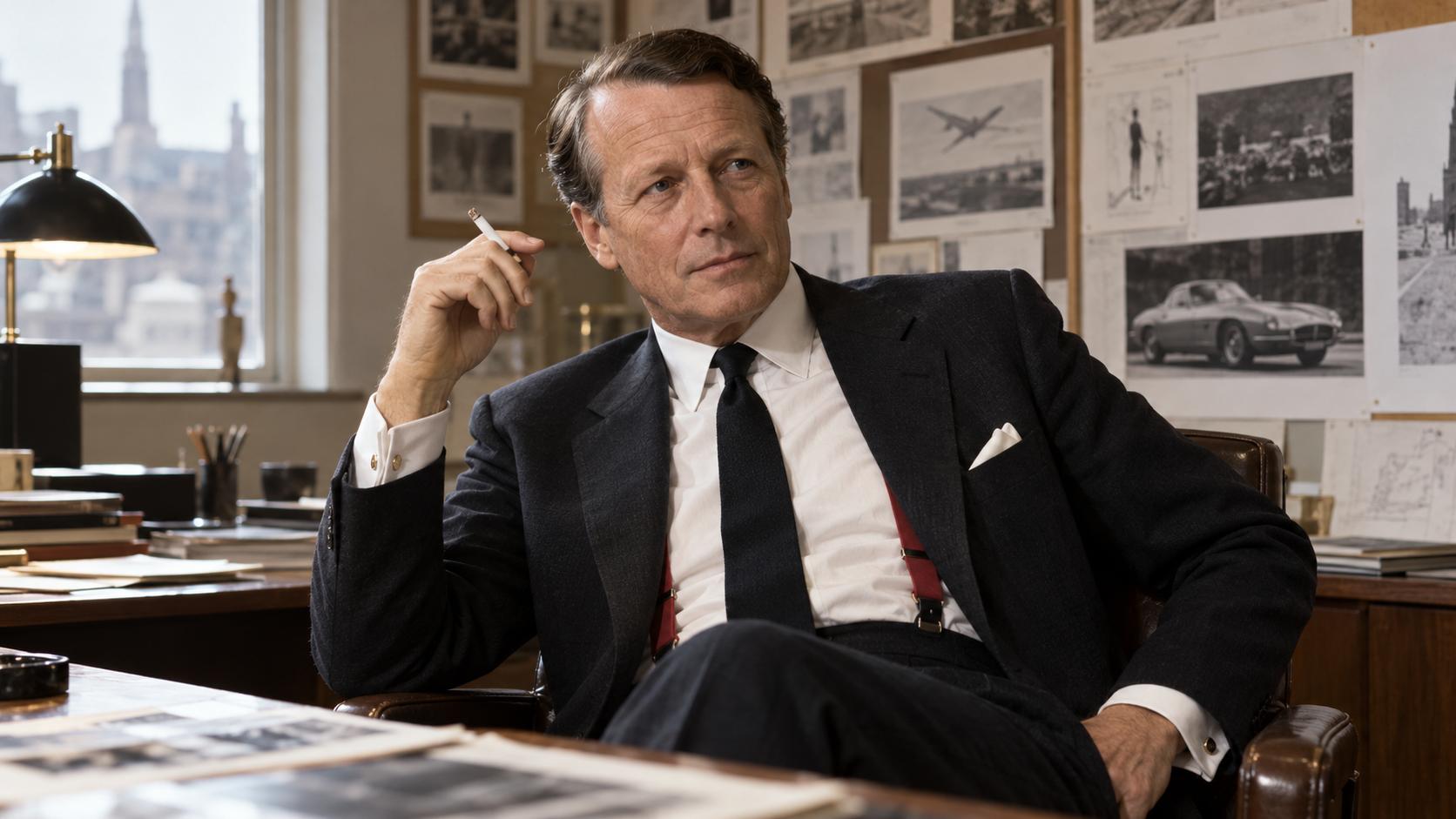 AI-generated editorial portrait of David Ogilvy in a 1960s advertising office