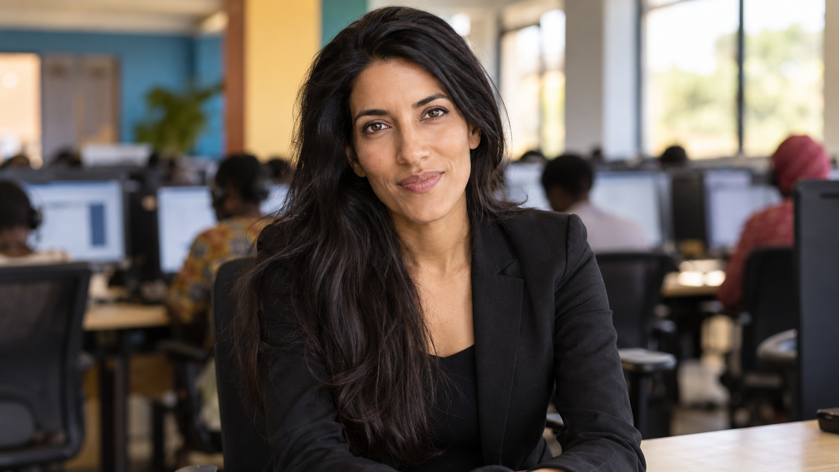 AI-generated editorial portrait of Leila Janah in a global digital-work center