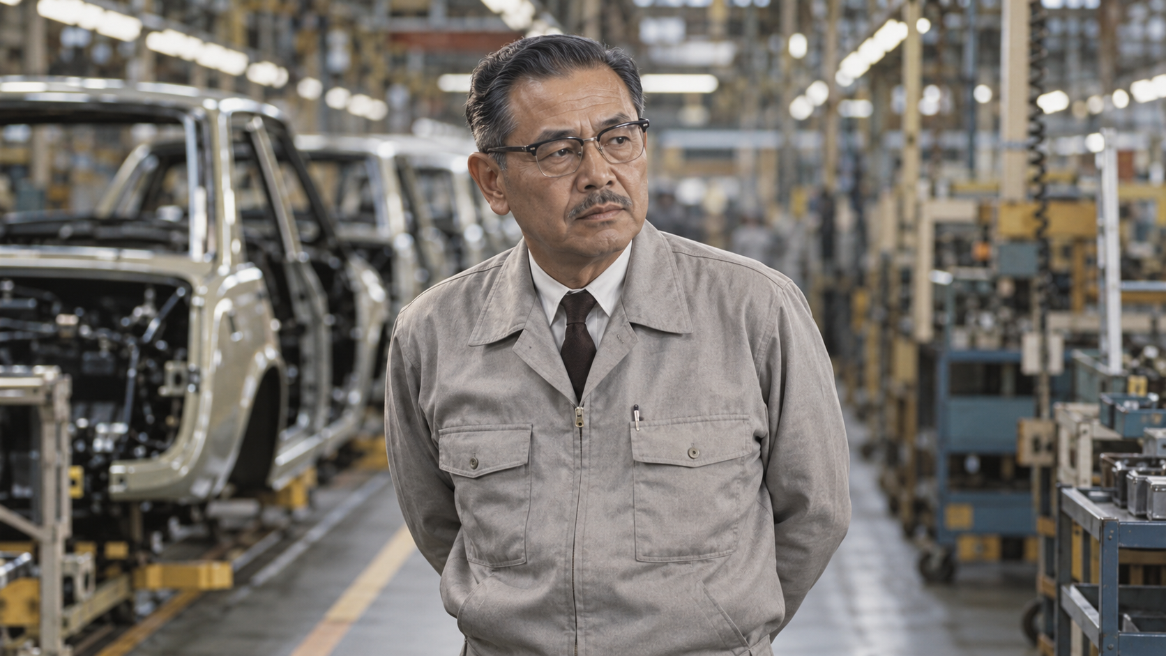AI-generated editorial portrait of Taiichi Ohno on a disciplined automotive factory floor