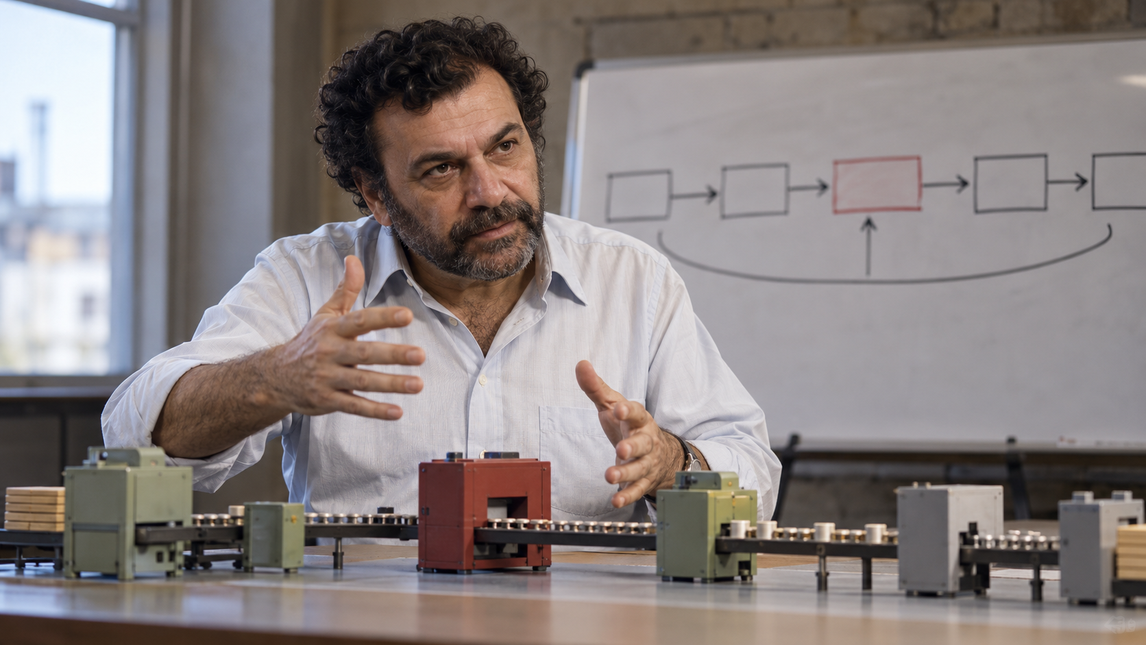 AI-generated editorial portrait of Eliyahu Goldratt beside a systems measurement board