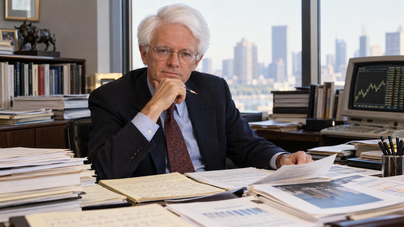 AI-generated editorial portrait of Peter Lynch reviewing company reports