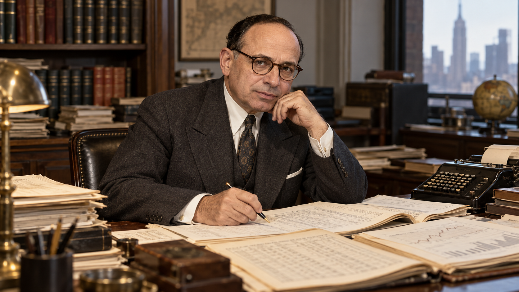AI-generated editorial portrait of Benjamin Graham studying a stock ledger