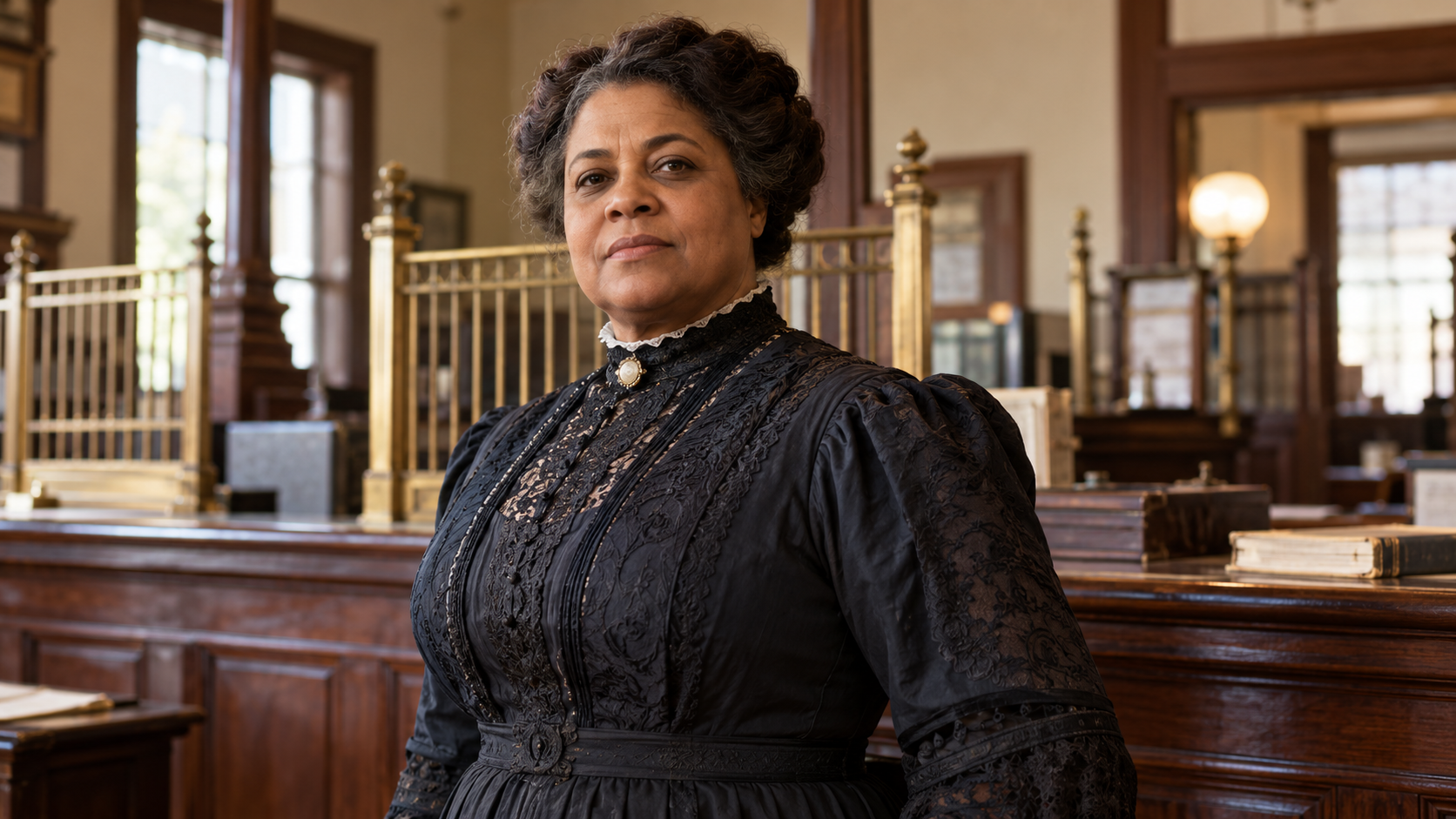 AI-generated editorial portrait of Maggie L. Walker inside an early twentieth-century bank