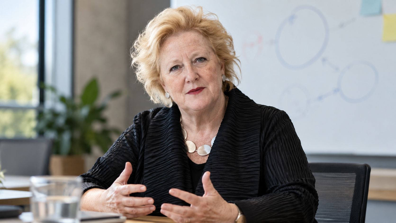 AI-generated editorial portrait of Margaret Heffernan leading a constructive debate