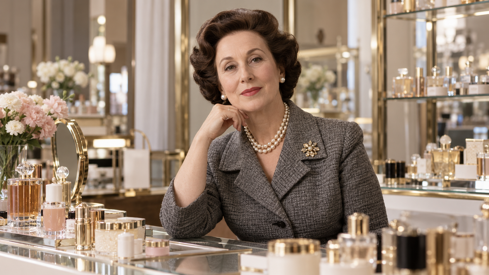 AI-generated editorial portrait of Estée Lauder at a classic cosmetics counter