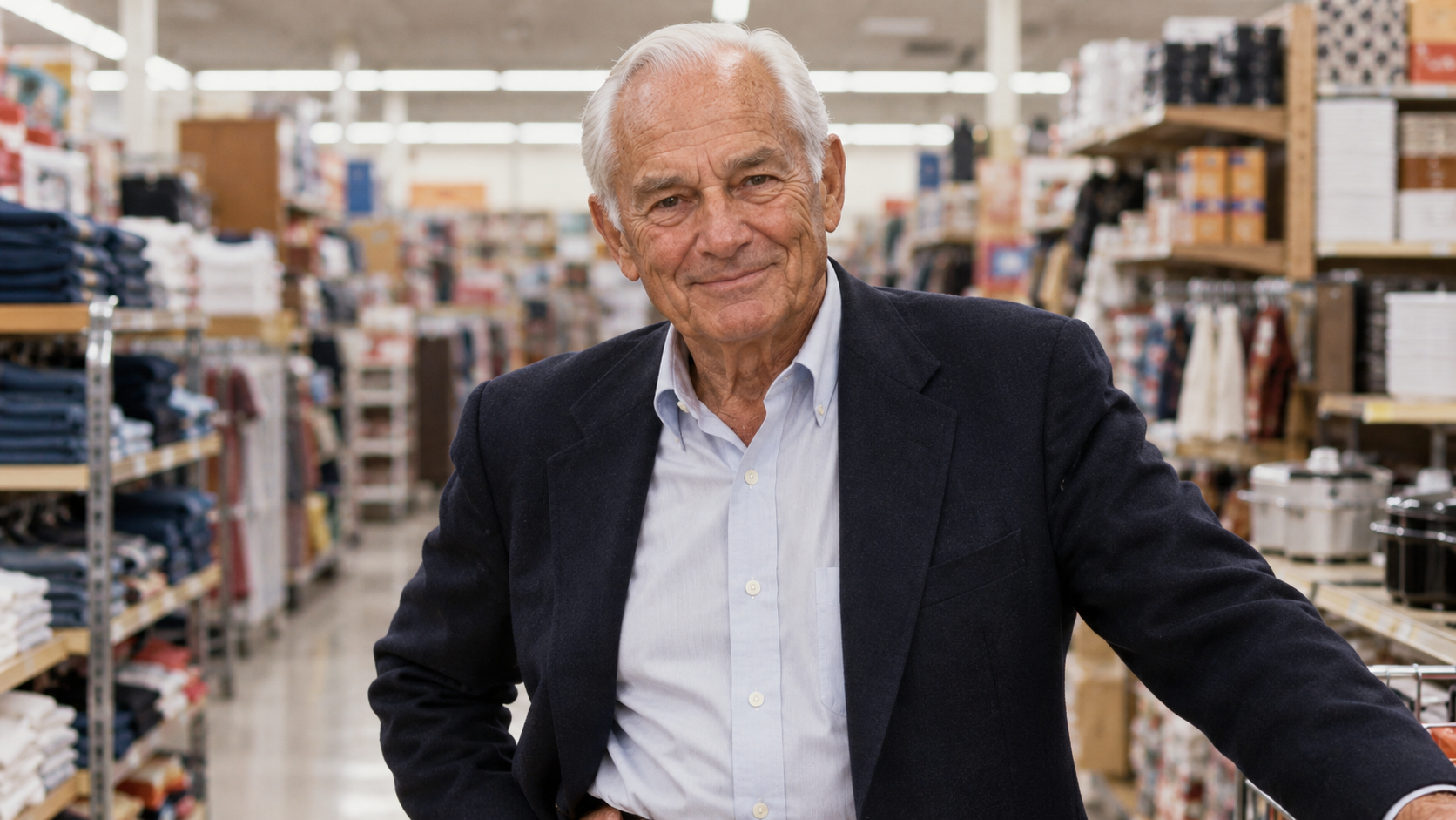AI-generated editorial portrait of Sam Walton walking through a busy discount store