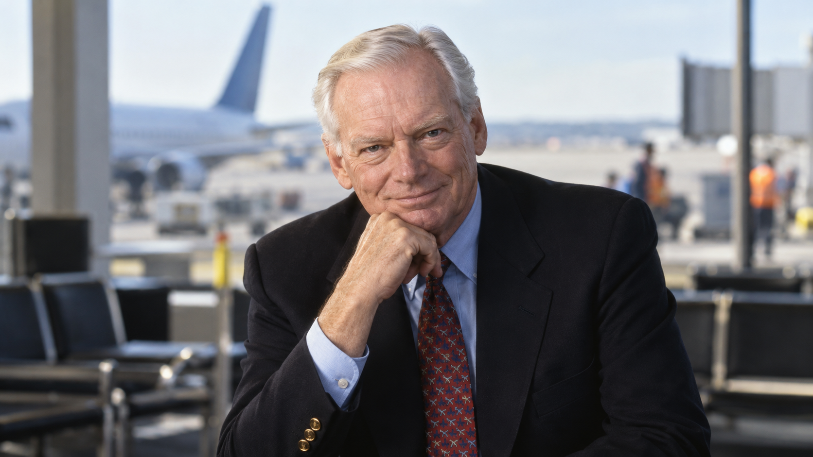 AI-generated editorial portrait of Herb Kelleher with a Southwest airport team