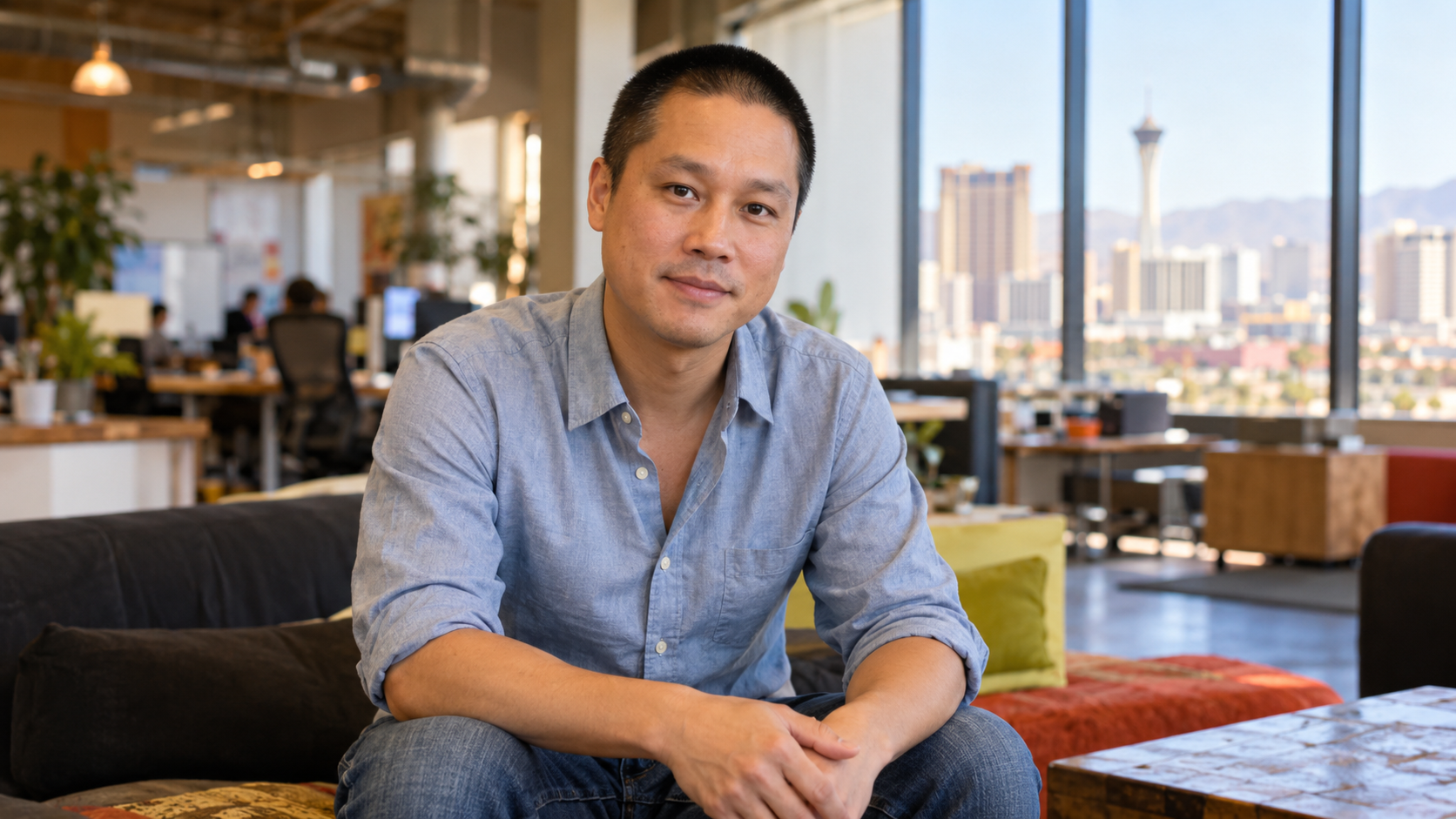 AI-generated editorial portrait of Tony Hsieh in a collaborative customer-service workspace