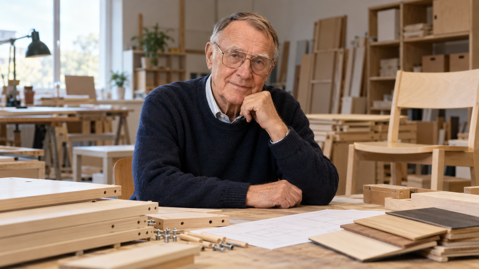 AI-generated editorial portrait of Ingvar Kamprad in a Scandinavian furniture workshop