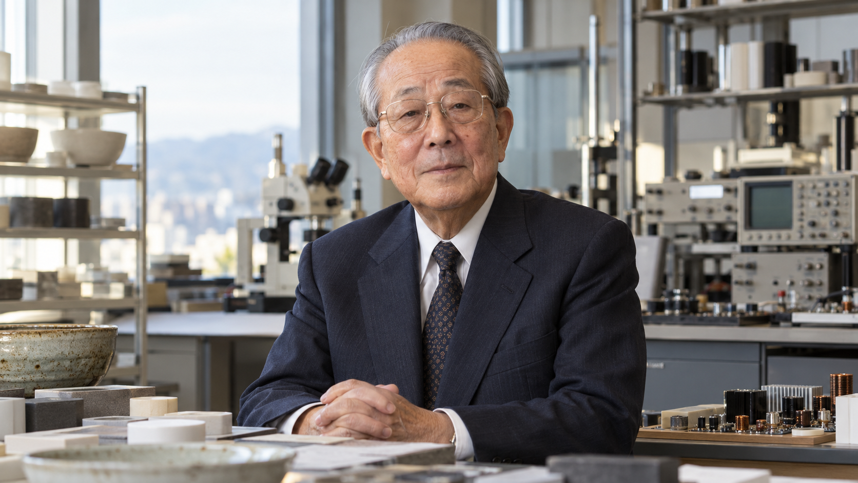 AI-generated editorial portrait of Kazuo Inamori in a ceramics technology laboratory