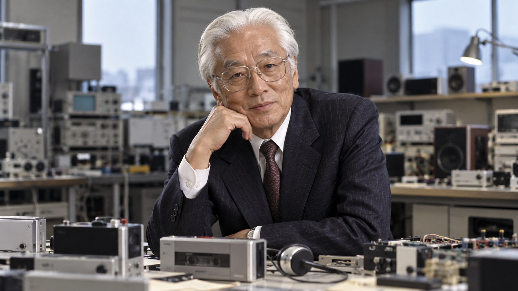 AI-generated editorial portrait of Akio Morita in a vintage consumer-electronics laboratory