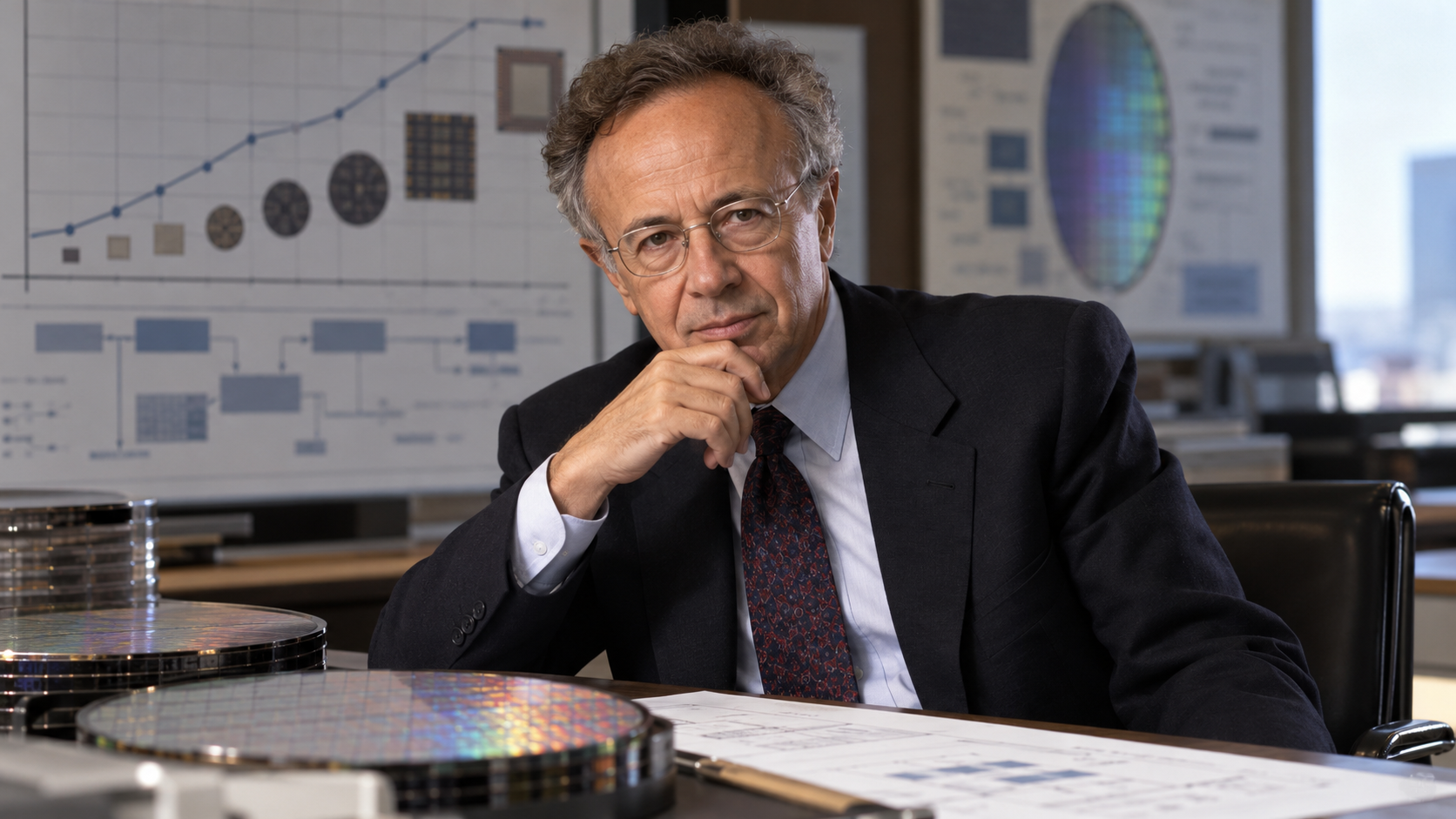 AI-generated editorial portrait of Andy Grove in a semiconductor strategy room