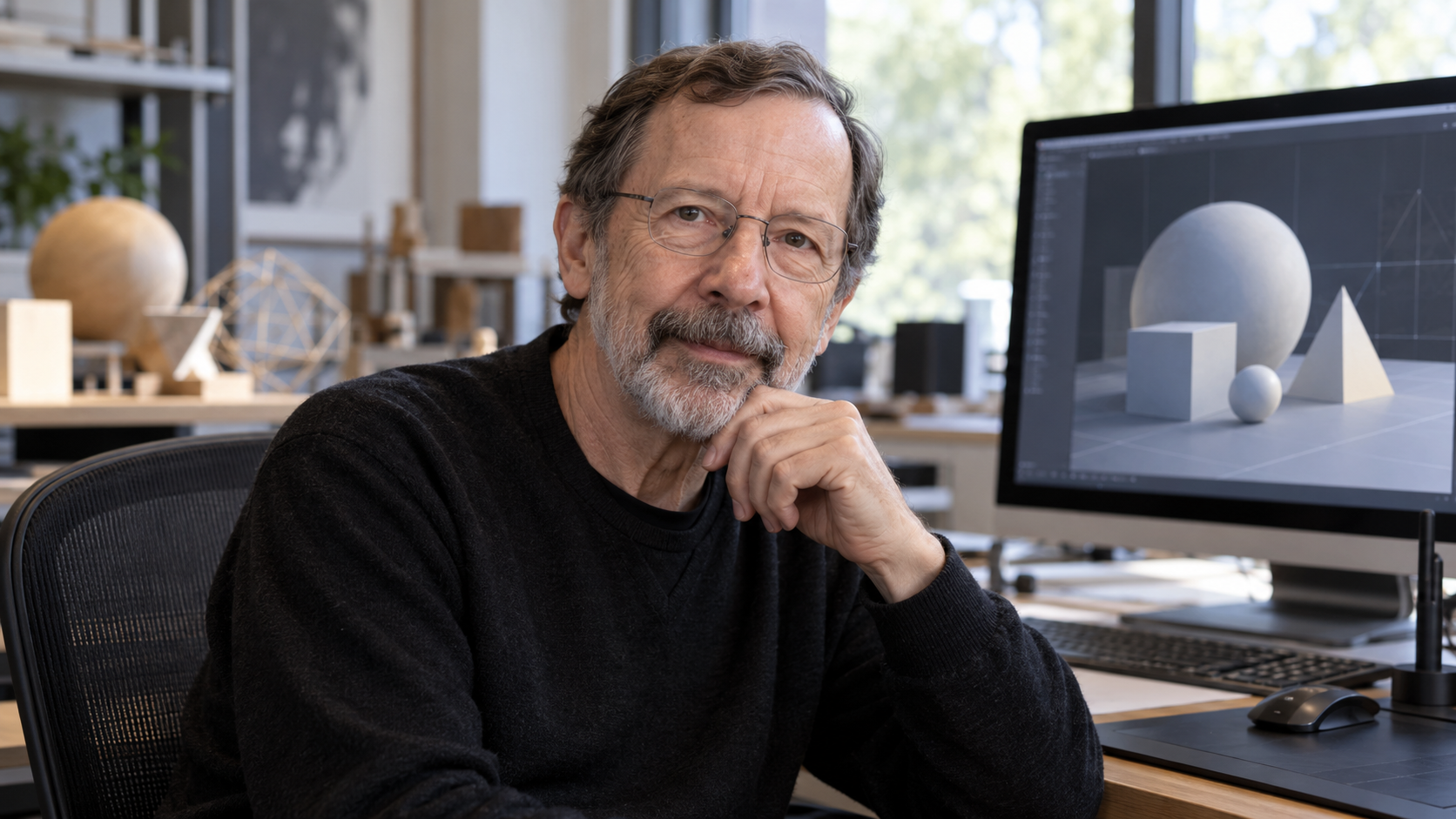 AI-generated editorial portrait of Ed Catmull in a collaborative animation studio