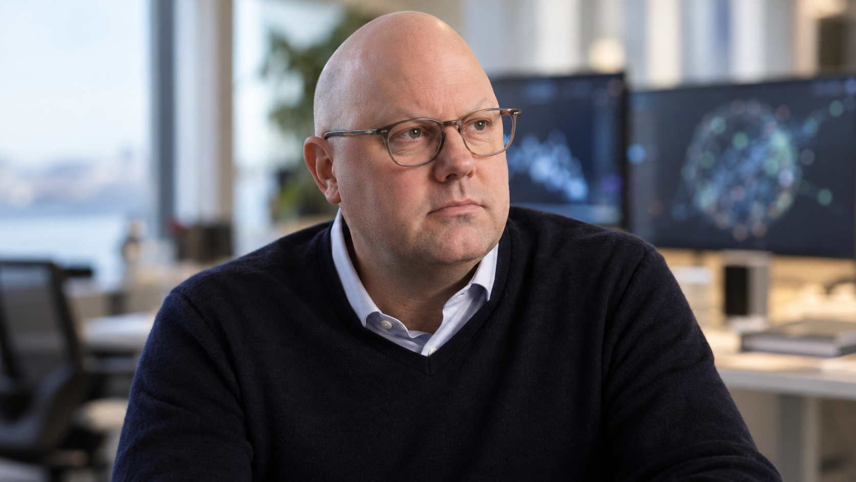 AI-generated editorial portrait of Marc Andreessen against a software-driven cityscape