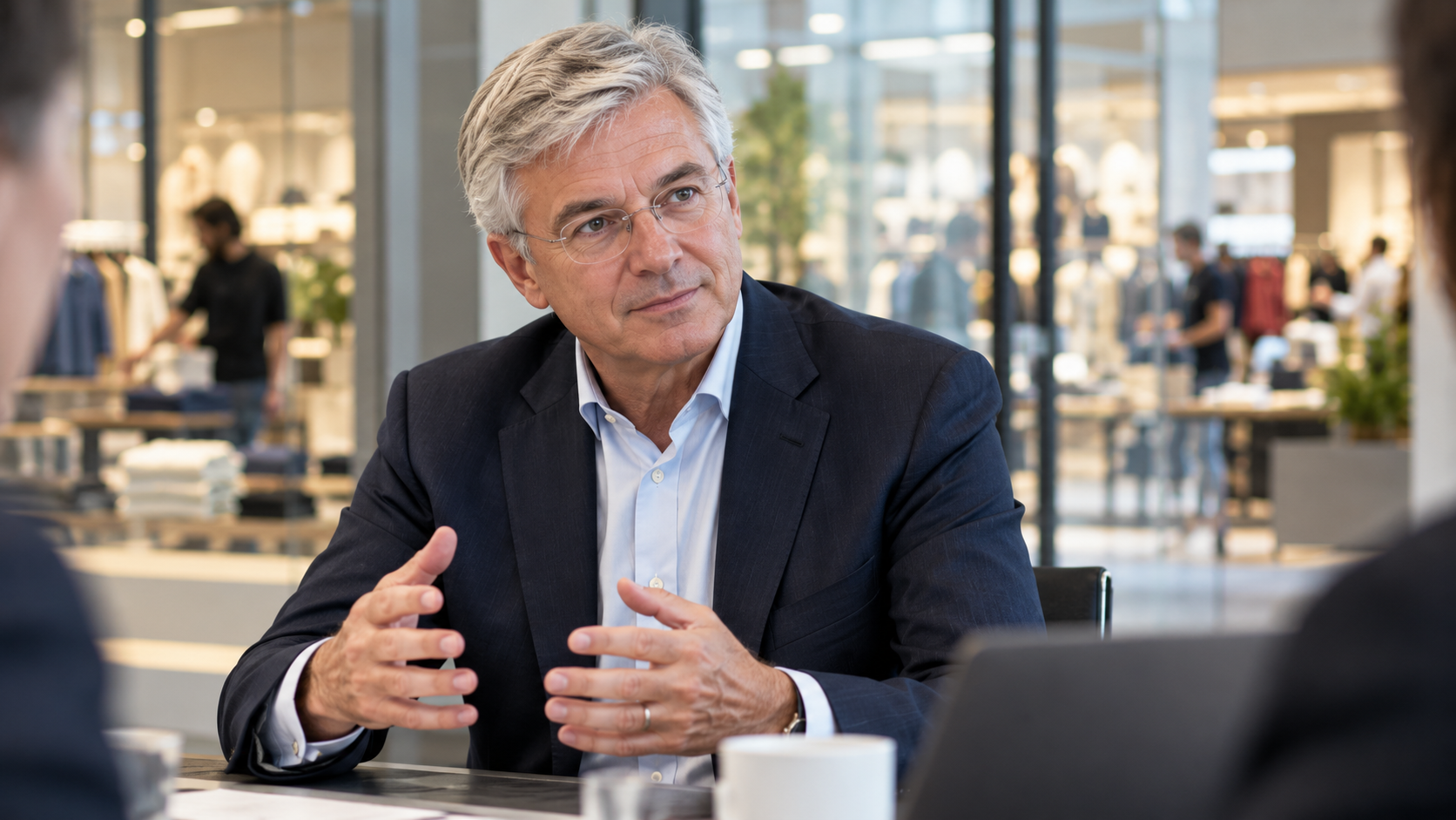 AI-generated editorial portrait of Hubert Joly in a purpose-led retail strategy meeting