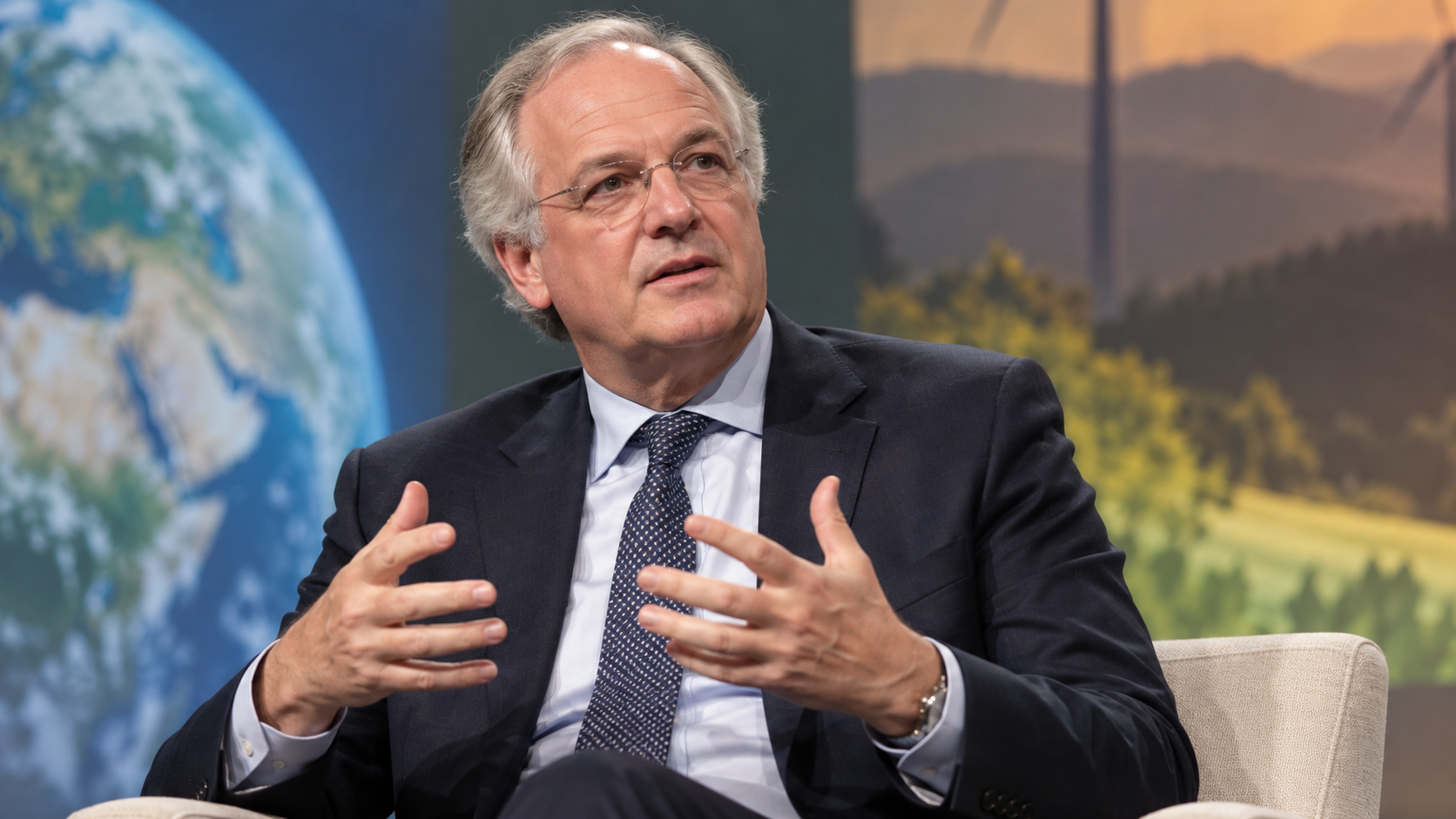 AI-generated editorial portrait of Paul Polman at a sustainable-business summit