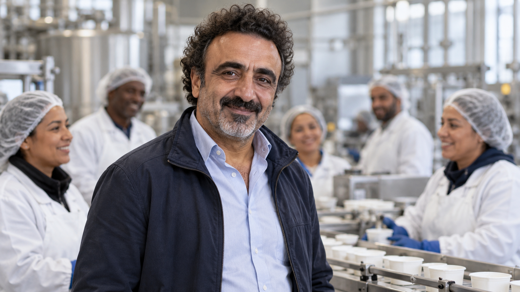 AI-generated editorial portrait of Hamdi Ulukaya with a diverse food-production team