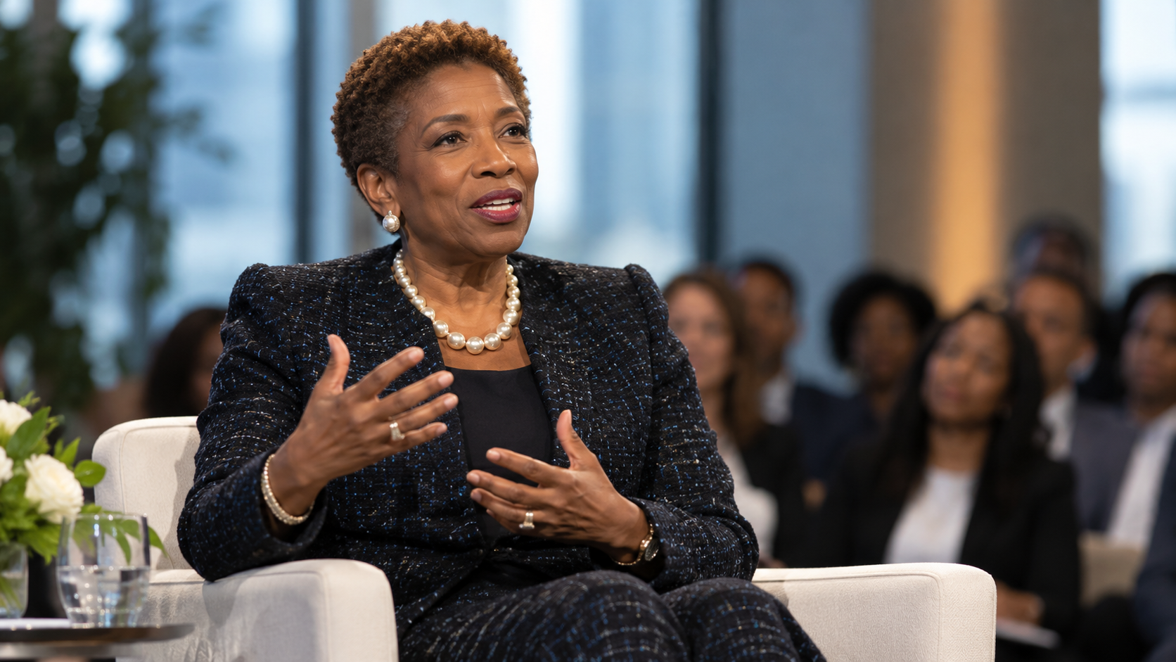 AI-generated editorial portrait of Carla Harris speaking in an executive career forum