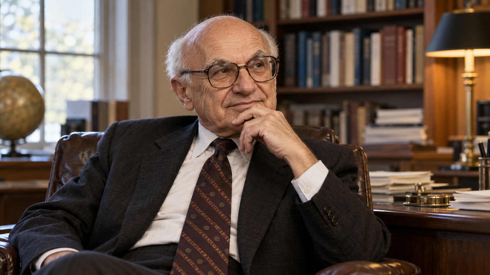 AI-generated editorial portrait of Milton Friedman in a 1970s economics study