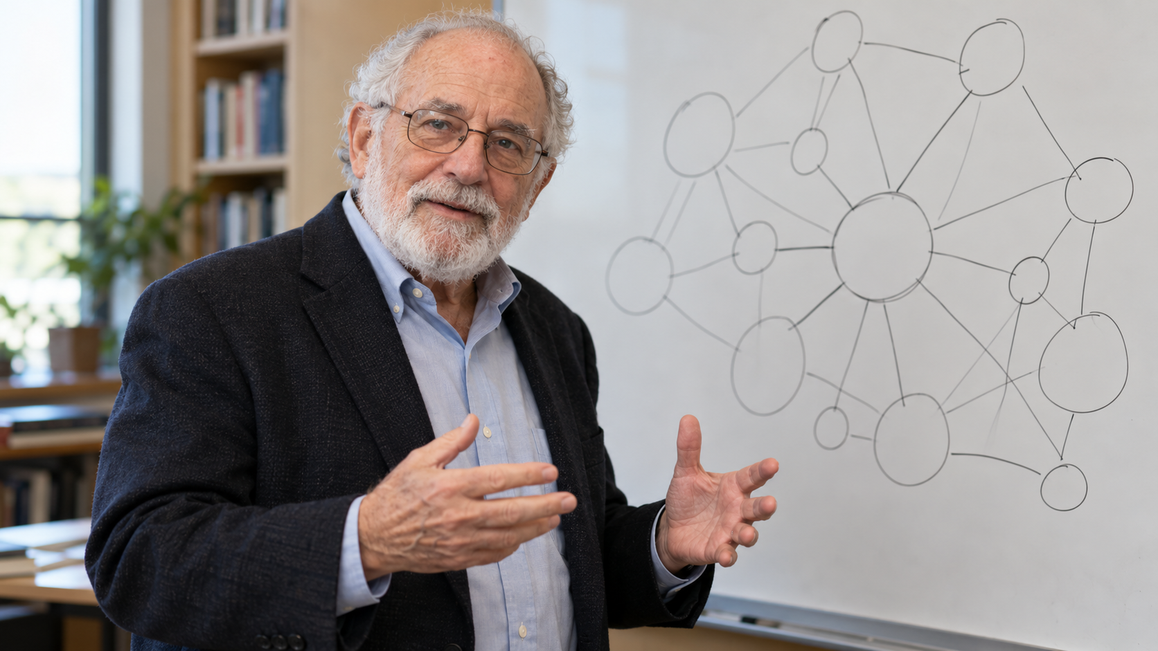 AI-generated editorial portrait of R. Edward Freeman in a stakeholder strategy workshop