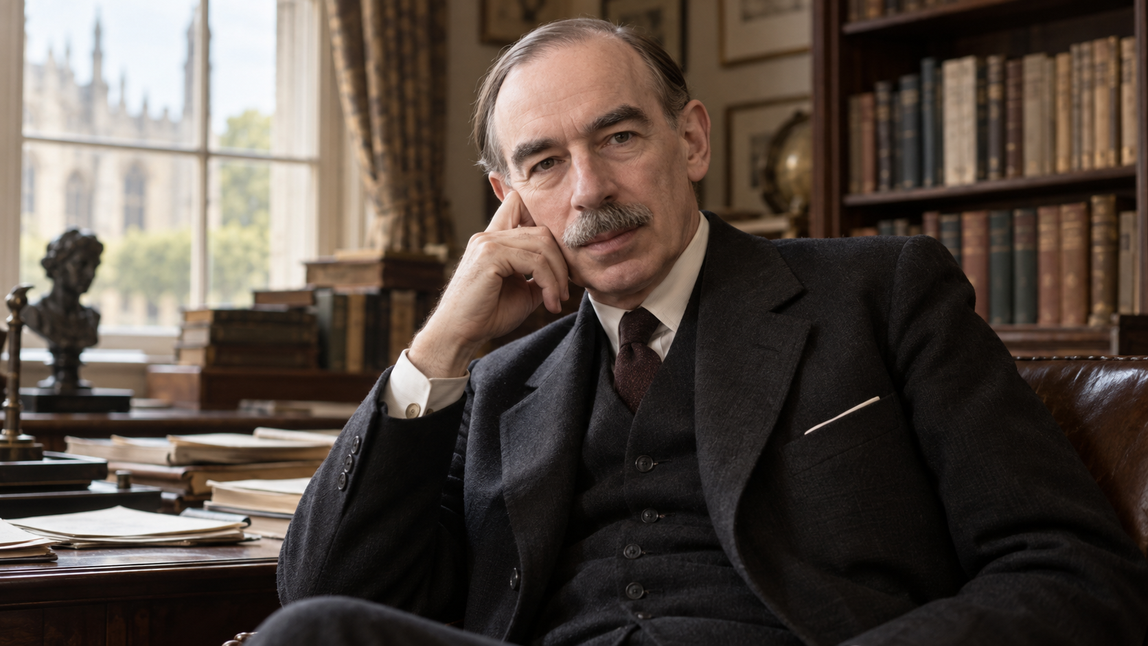 AI-generated editorial portrait of John Maynard Keynes in a 1930s study