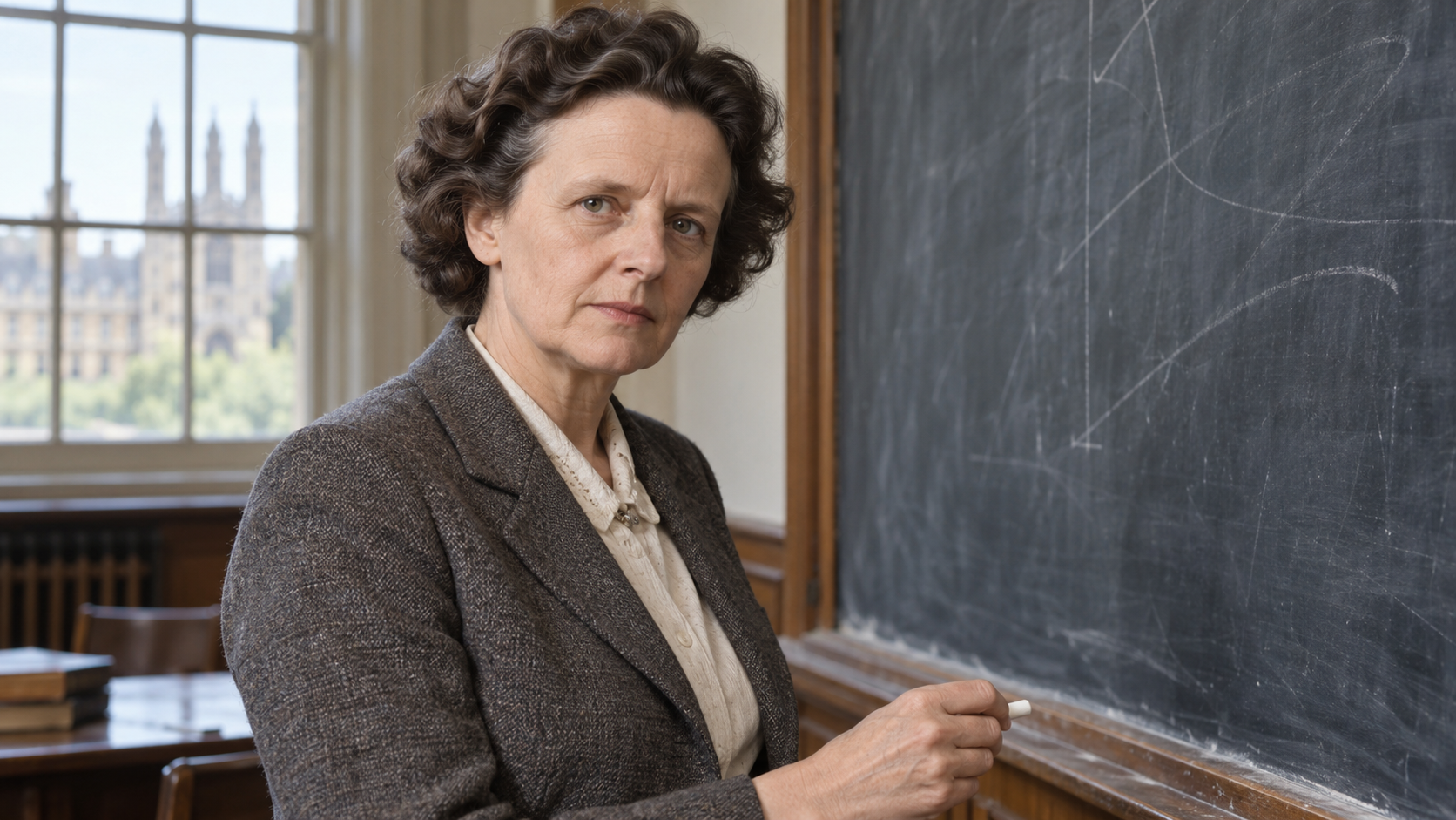 AI-generated editorial portrait of Joan Robinson teaching economics at Cambridge