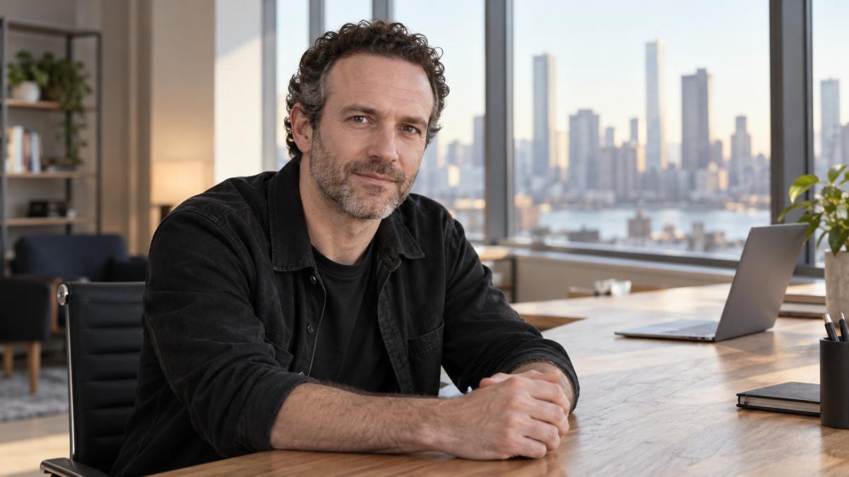 AI-generated editorial portrait of Jason Fried in a calm interruption-free workspace