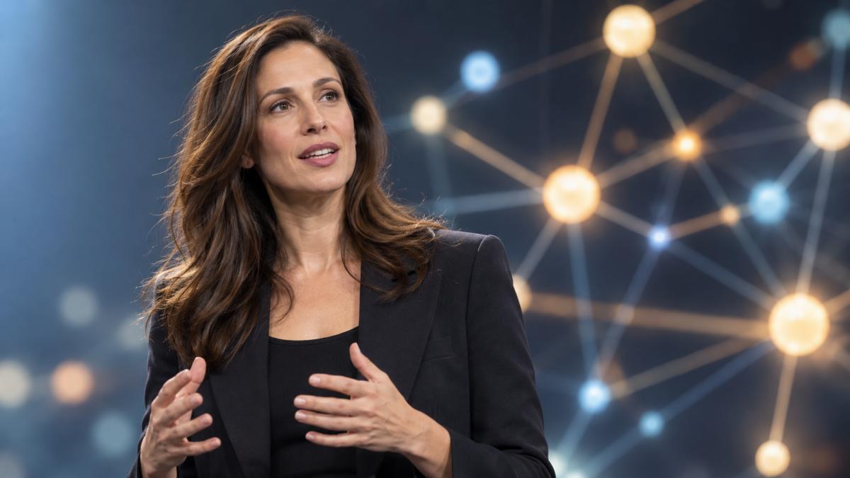 AI-generated editorial portrait of Rachel Botsman explaining trust in a networked economy
