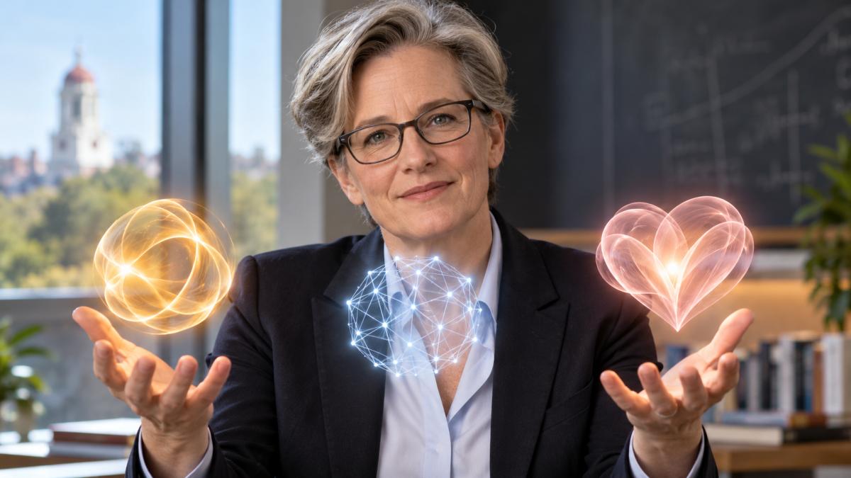 AI-generated editorial portrait of Frances Frei presenting the three drivers of trust