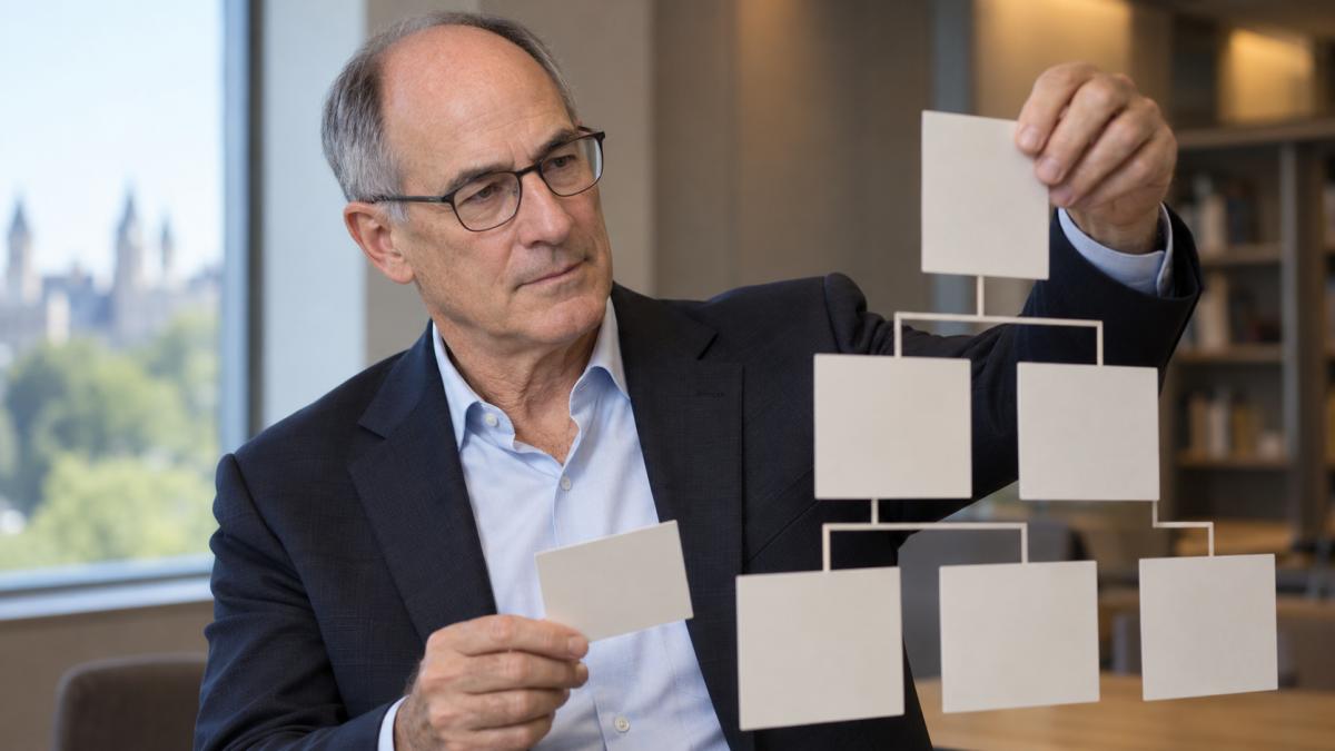 AI-generated editorial portrait of Roger L. Martin mapping a strategic choice cascade
