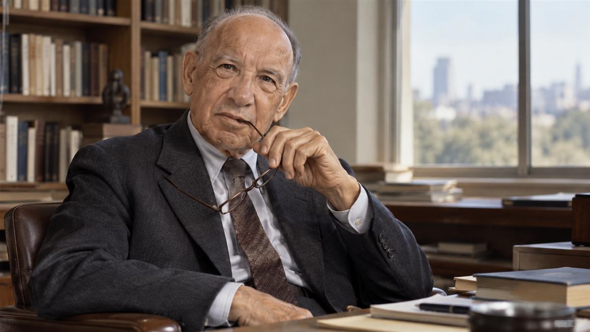 AI-generated editorial portrait of Peter F. Drucker in a mid-century management study