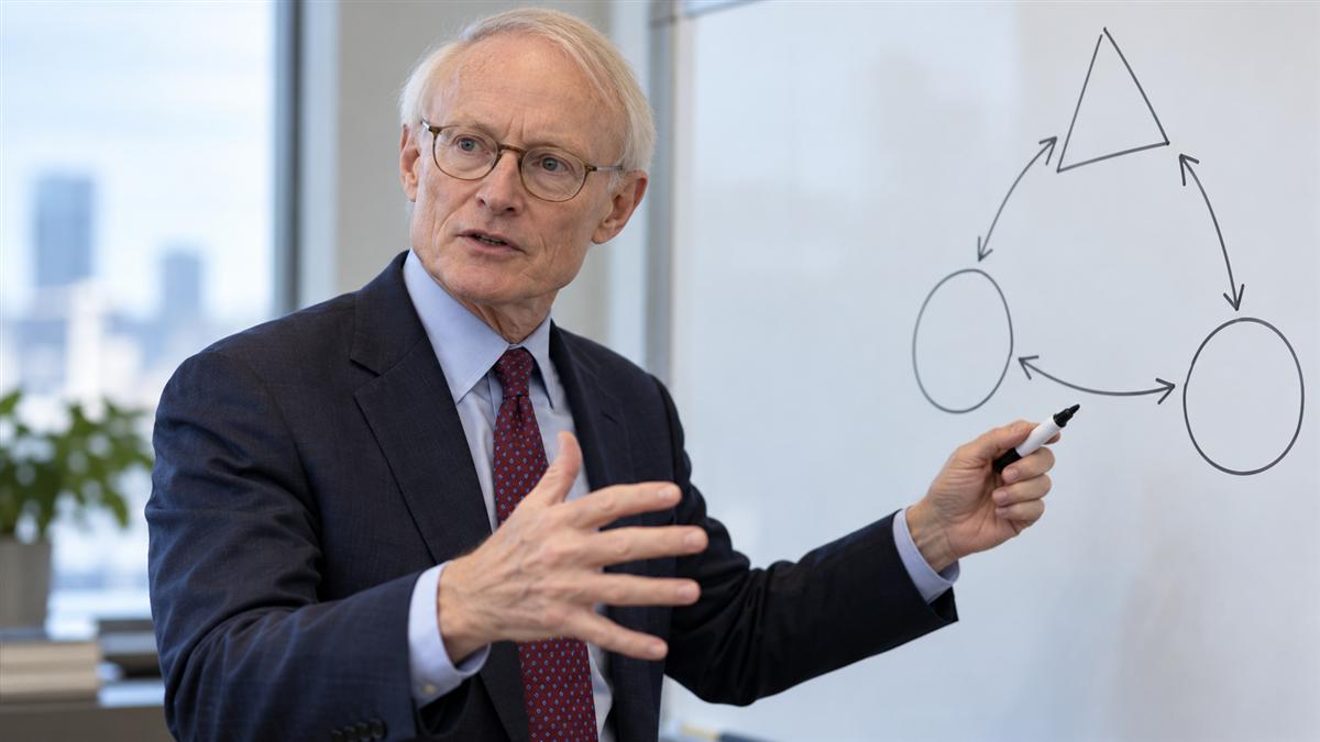 AI-generated editorial portrait of Michael E. Porter explaining strategic tradeoffs at a whiteboard