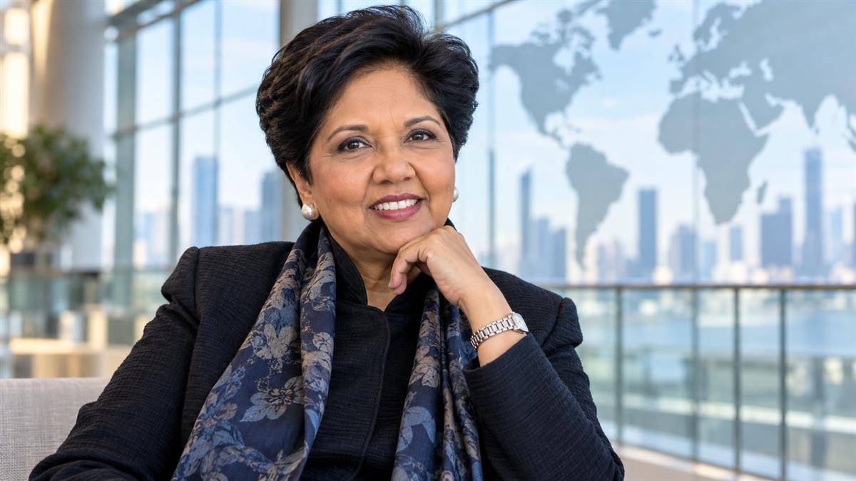 AI-generated editorial portrait of Indra Nooyi in a contemporary global leadership setting