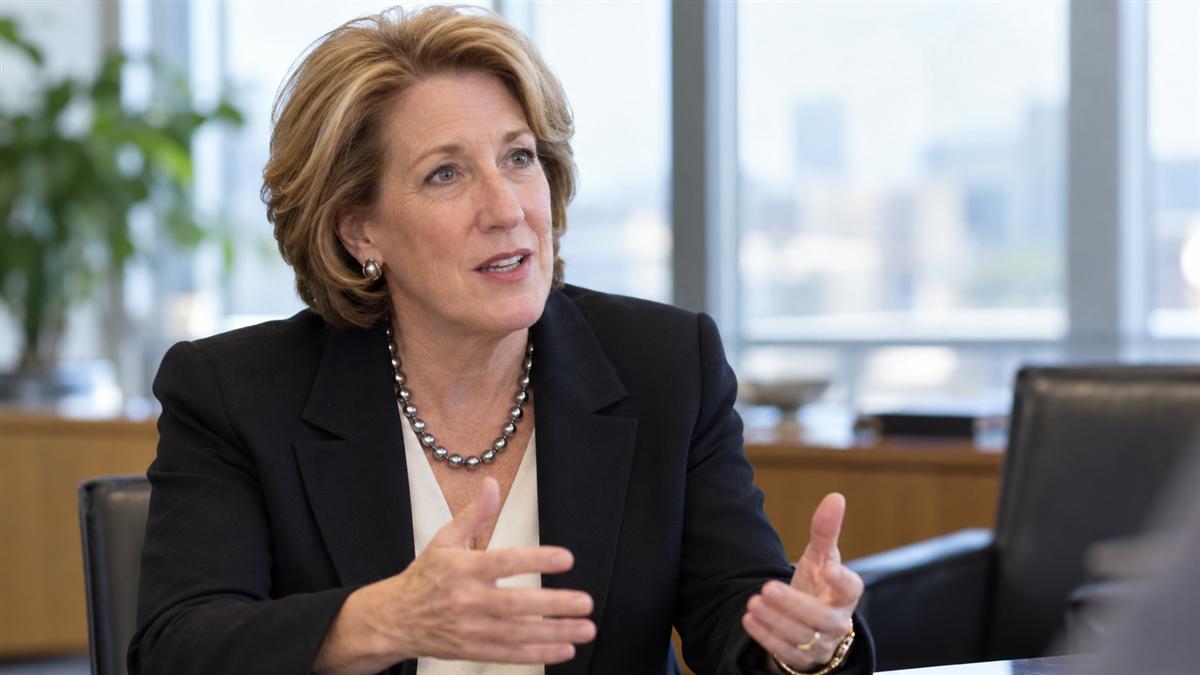 AI-generated editorial portrait of Anne M. Mulcahy meeting employees during a corporate turnaround