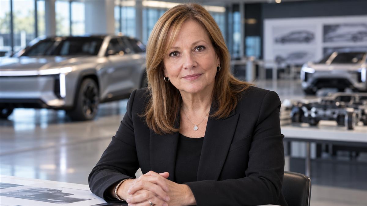 AI-generated editorial portrait of Mary Barra in a modern automotive engineering center